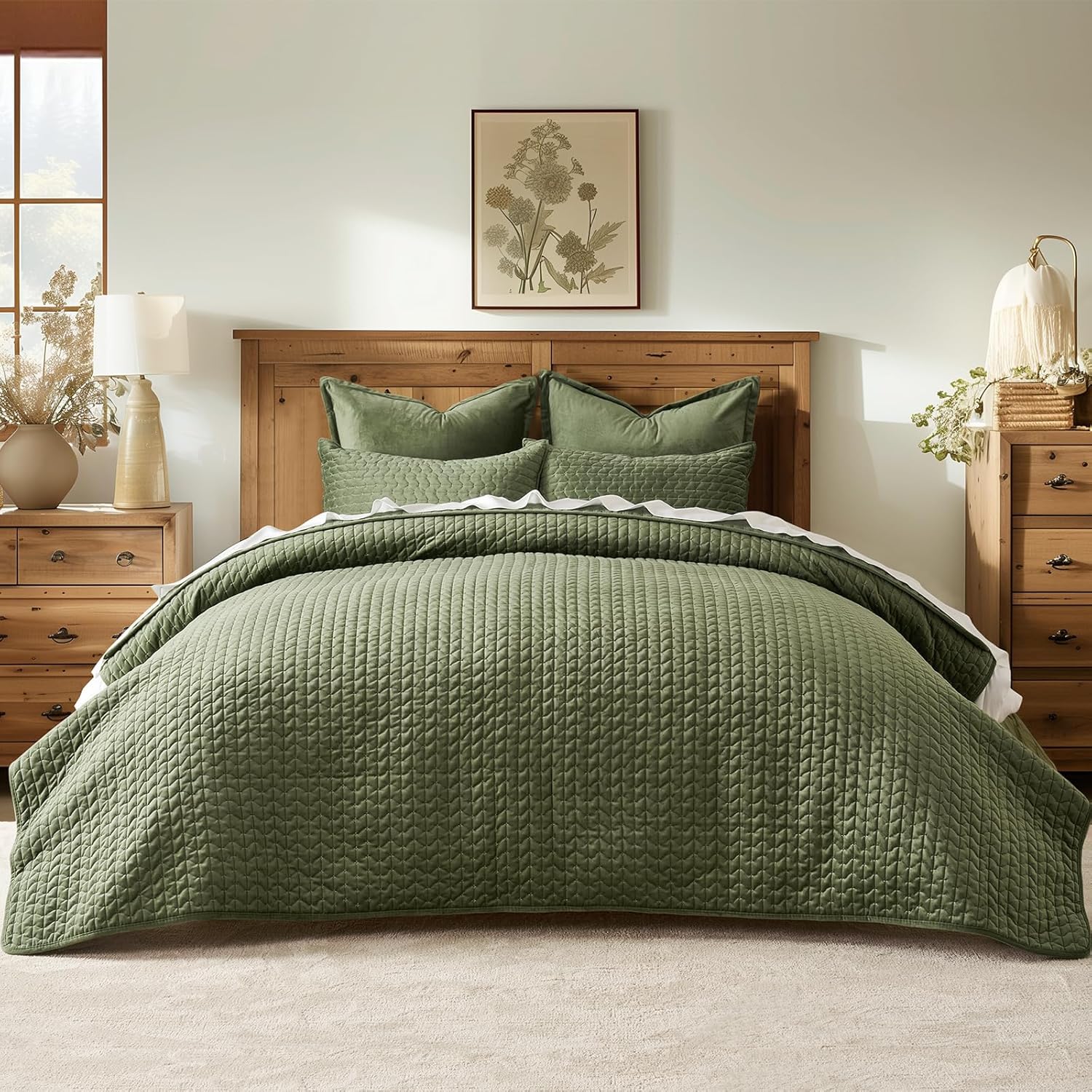 EverGrace Luxury Velvet Quilt Set Queen Size 3 Piece, Soft Cross-Stitch Velvet Comforter Set with Pillow Shams, Lightweight Coverlet Bedspread Bedding Set for All Seasons, Loden Green